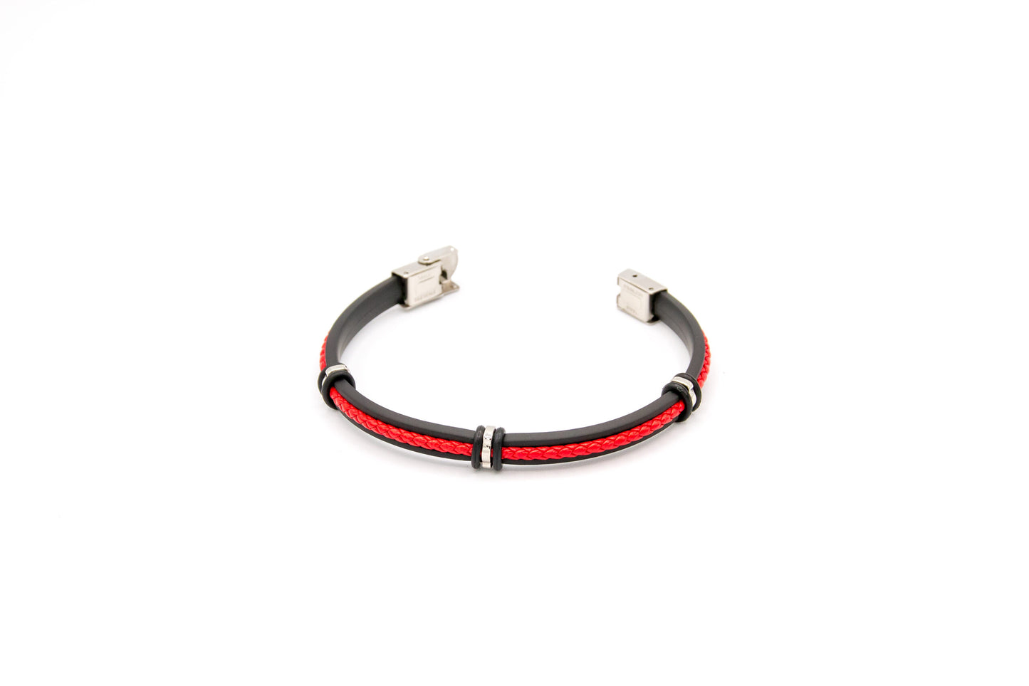 Bracciale UOmo in Cuoio e Acciaio, cinturino nero con corda intrecciata rossa.
