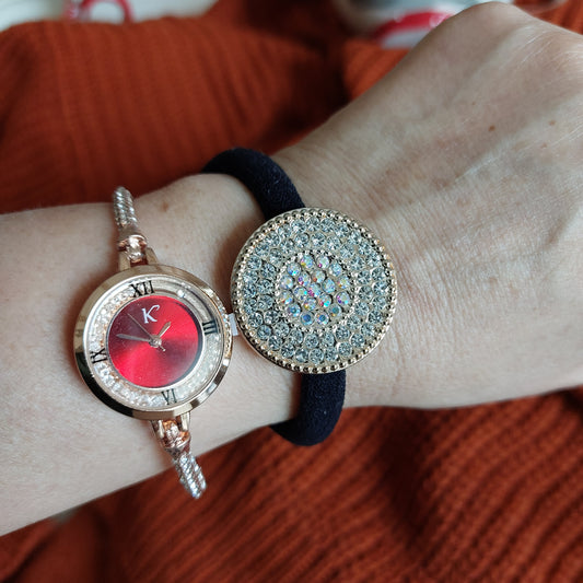 Combo Orologio con Elastico per Capelli Strass - disponibile in versione quadrante rosso e acciaio oro rosa